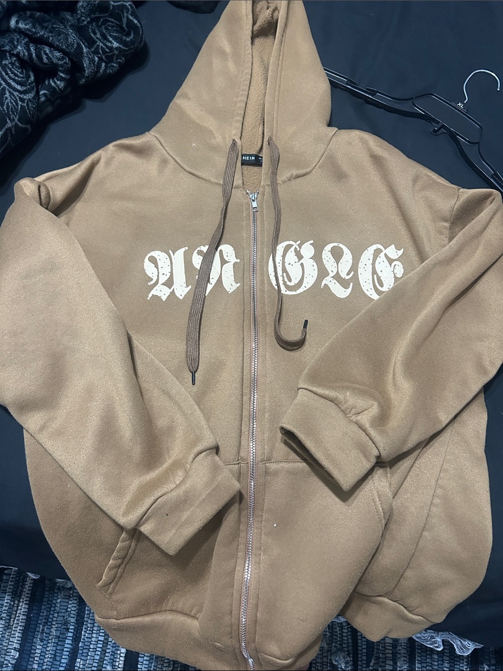 SHEIN Brown Zip-Up Hoodie with White Gothic Print